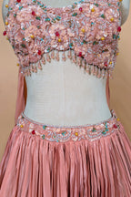 Dusty Rose Chinon Crepe Silk Crush Lehenga with Encrusted Cutdana Bustier Choli