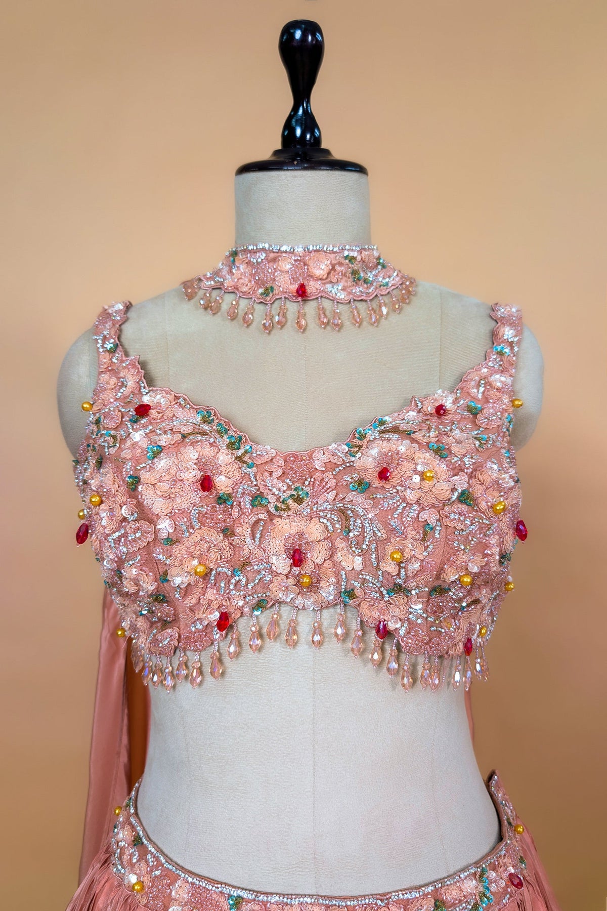 Dusty Rose Chinon Crepe Silk Crush Lehenga with Encrusted Cutdana Bustier Choli