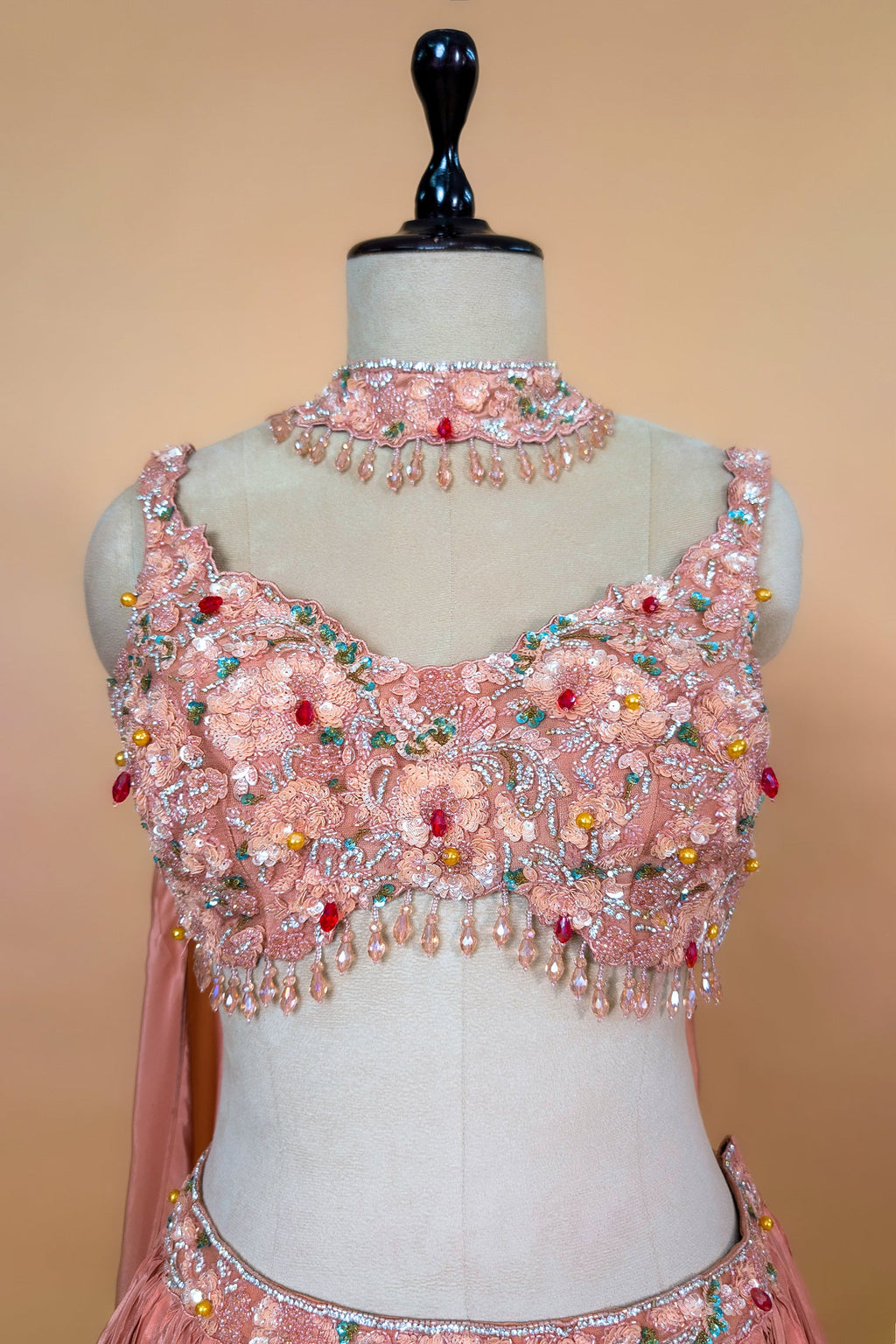Dusty Rose Chinon Crepe Silk Crush Lehenga with Encrusted Cutdana Bustier Choli