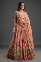 Dusty Rose Chinon Crepe Silk Crush Lehenga with Encrusted Cutdana Bustier Choli