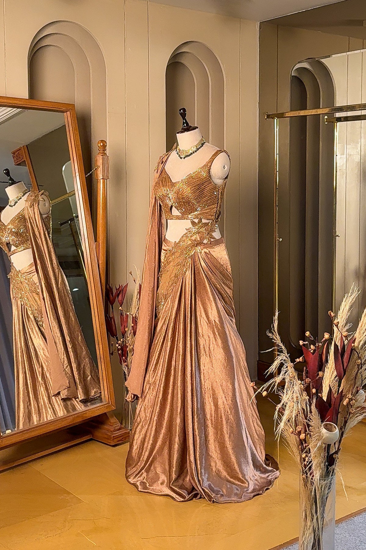 Rose Gold Chinon Crepe Silk Lehenga Skirt with Concept Cutdana Cut-Out Blouse