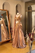 Rose Gold Chinon Crepe Silk Lehenga Skirt with Concept Cutdana Cut-Out Blouse