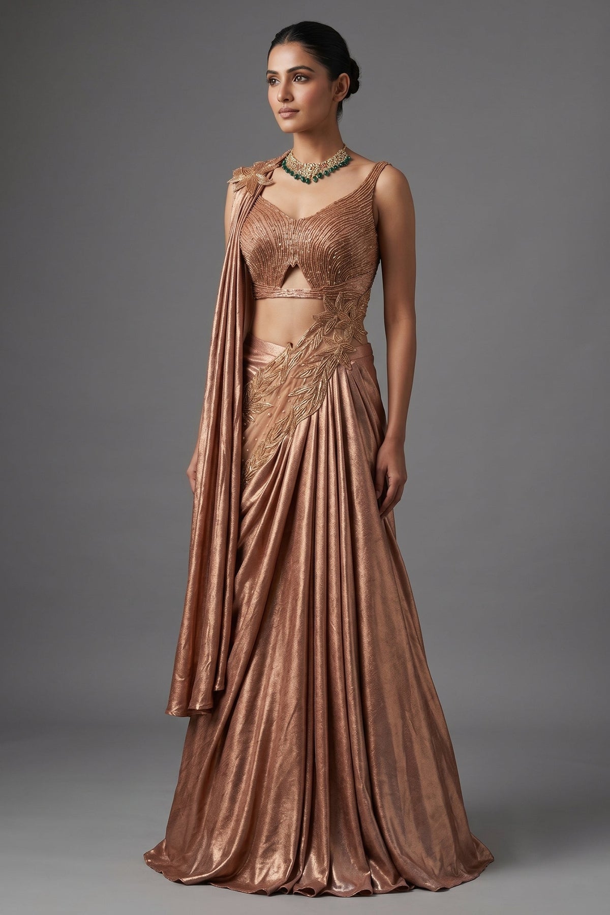 Rose Gold Chinon Crepe Silk Lehenga Skirt with Concept Cutdana Cut-Out Blouse