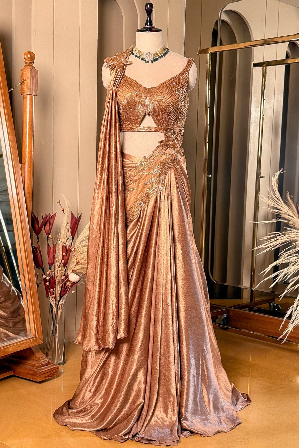 Rose Gold Chinon Crepe Silk Lehenga Skirt with Concept Cutdana Cut-Out Blouse