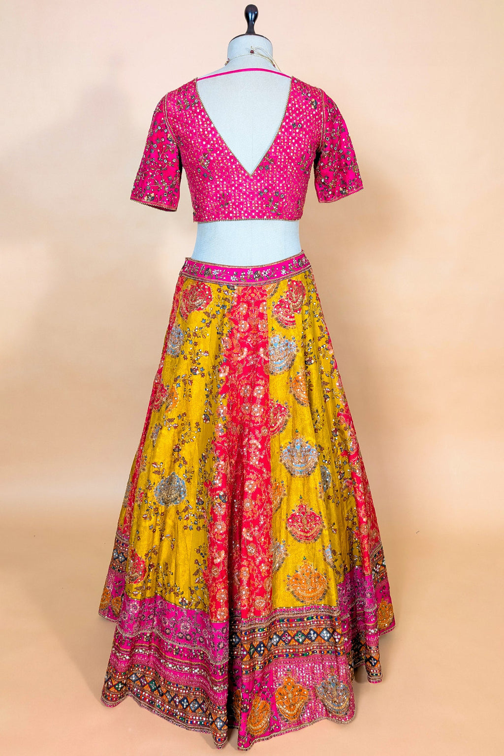 Mustard Yellow and Fuchsia Multi-Calidaar Printed Lehenga with Encrusted Cutdana Mirror Work Choli