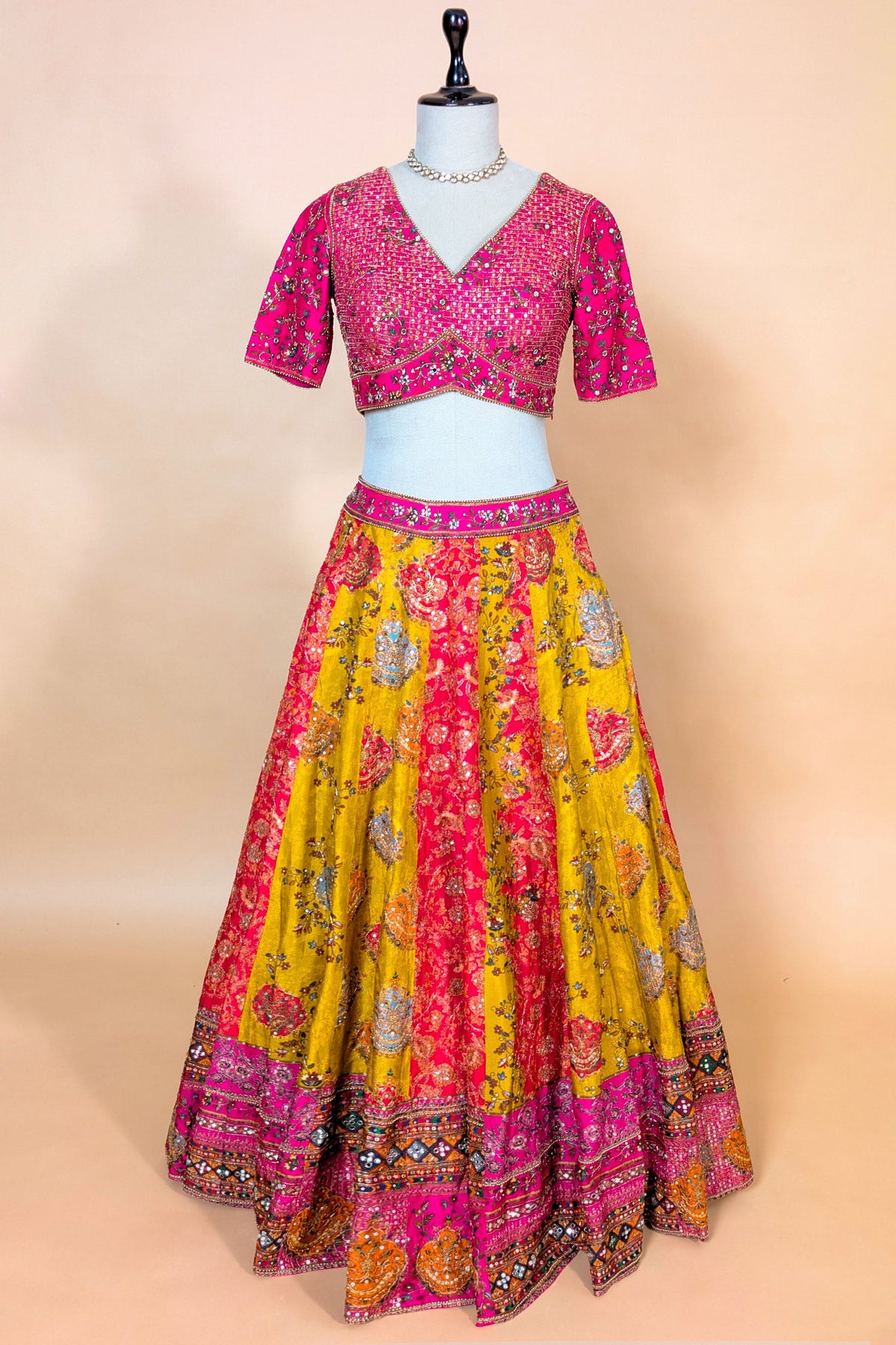 Mustard Yellow and Fuchsia Multi-Calidaar Printed Lehenga with Encrusted Cutdana Mirror Work Choli