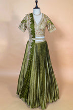 Moss Green Banarasi Silk Accordion-Pleated Lehenga Skirt with Encrusted Dabka-Zardosi Blouse