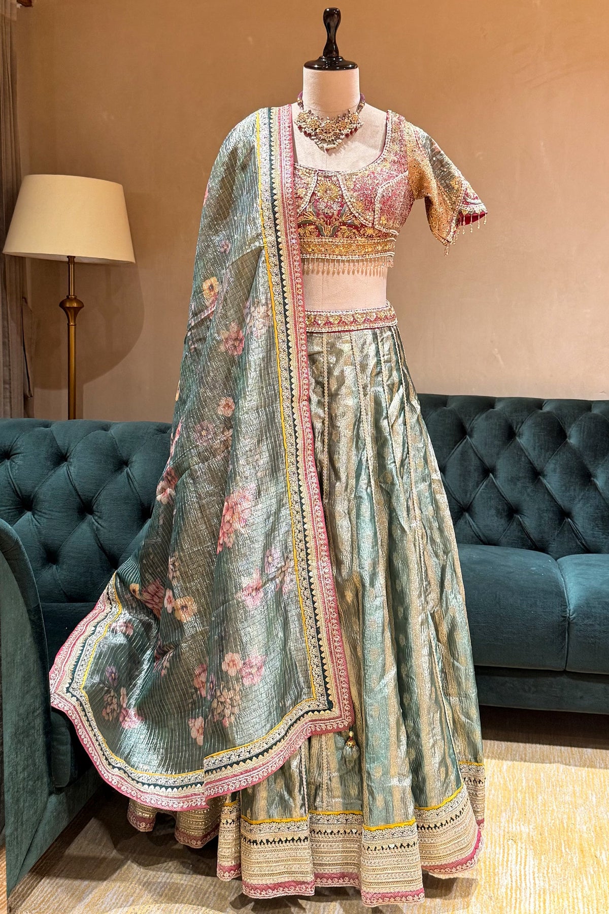 Mint Green Tissue Zari Woven Flared Lehenga with Multi-Textured Lace and Pearl Bustier