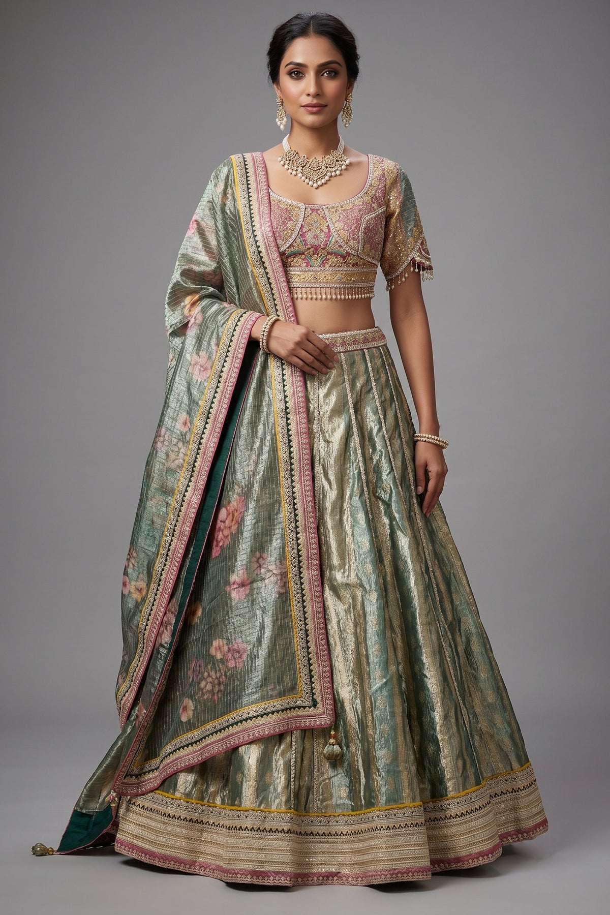 Mint Green Tissue Zari Woven Flared Lehenga with Multi-Textured Lace and Pearl Bustier