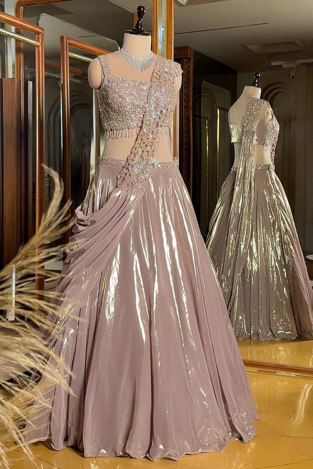 Metallic Dusty Rose Glass Tissue Flared Lehenga Skirt with Encrusted Cutdana Drape Blouse