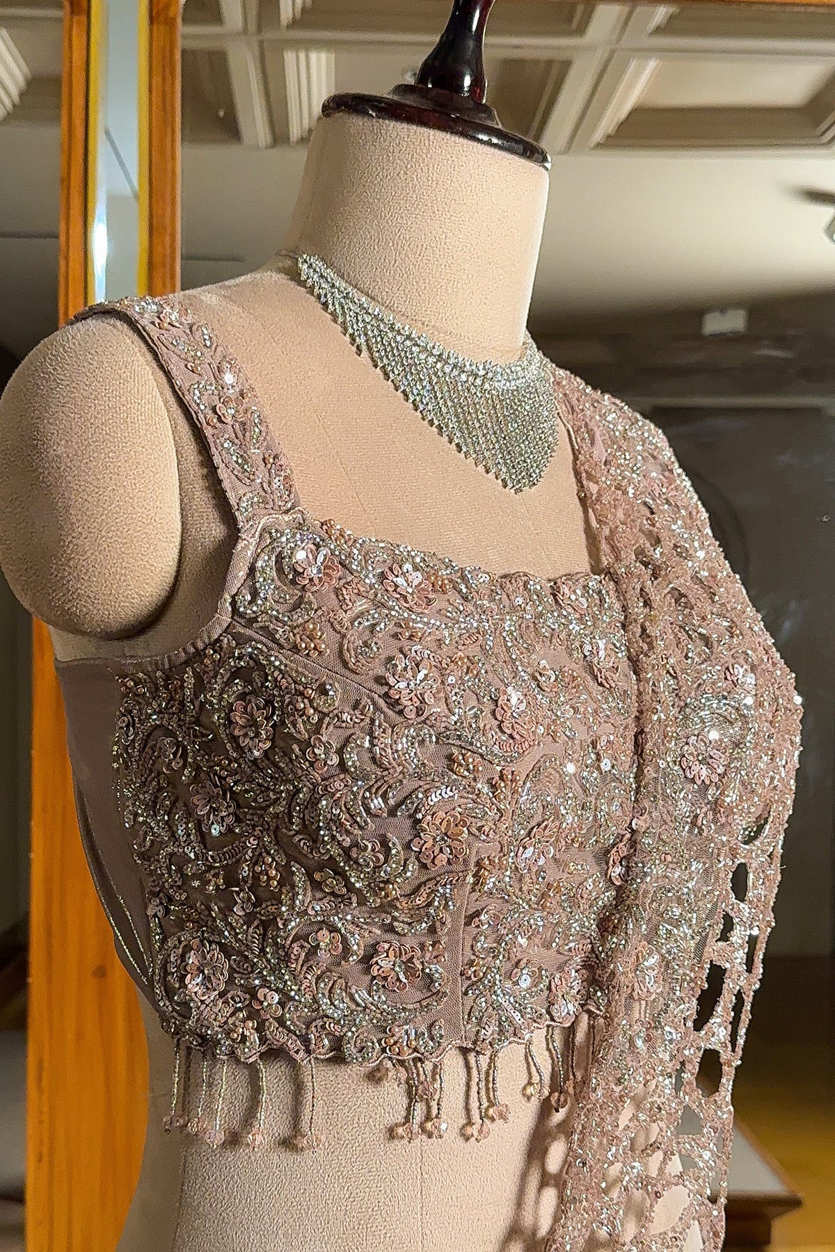 Metallic Dusty Rose Glass Tissue Flared Lehenga Skirt with Encrusted Cutdana Drape Blouse