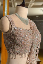 Metallic Dusty Rose Glass Tissue Flared Lehenga Skirt with Encrusted Cutdana Drape Blouse