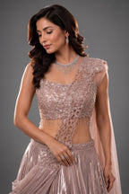 Metallic Dusty Rose Glass Tissue Flared Lehenga Skirt with Encrusted Cutdana Drape Blouse