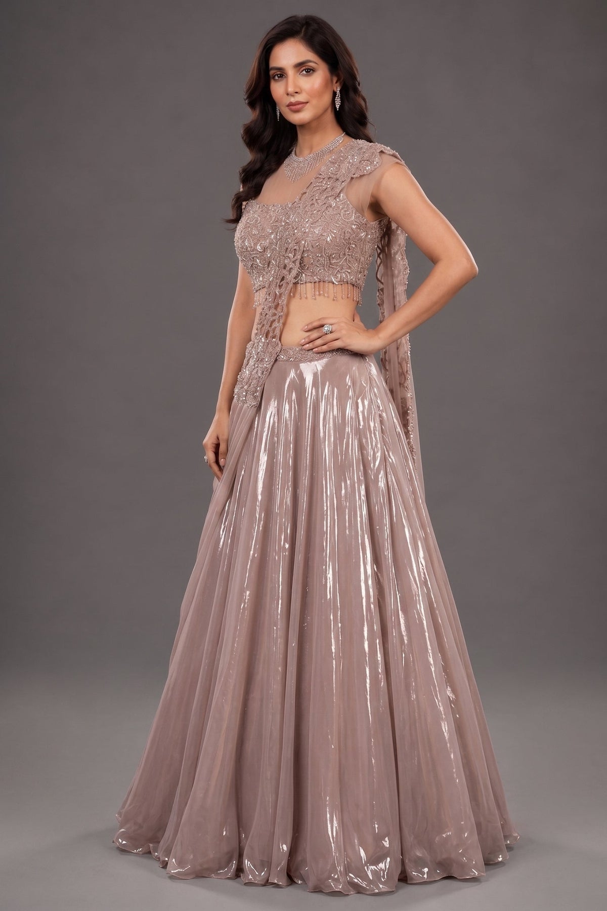Metallic Dusty Rose Glass Tissue Flared Lehenga Skirt with Encrusted Cutdana Drape Blouse