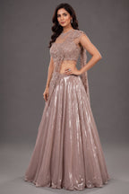 Metallic Dusty Rose Glass Tissue Flared Lehenga Skirt with Encrusted Cutdana Drape Blouse