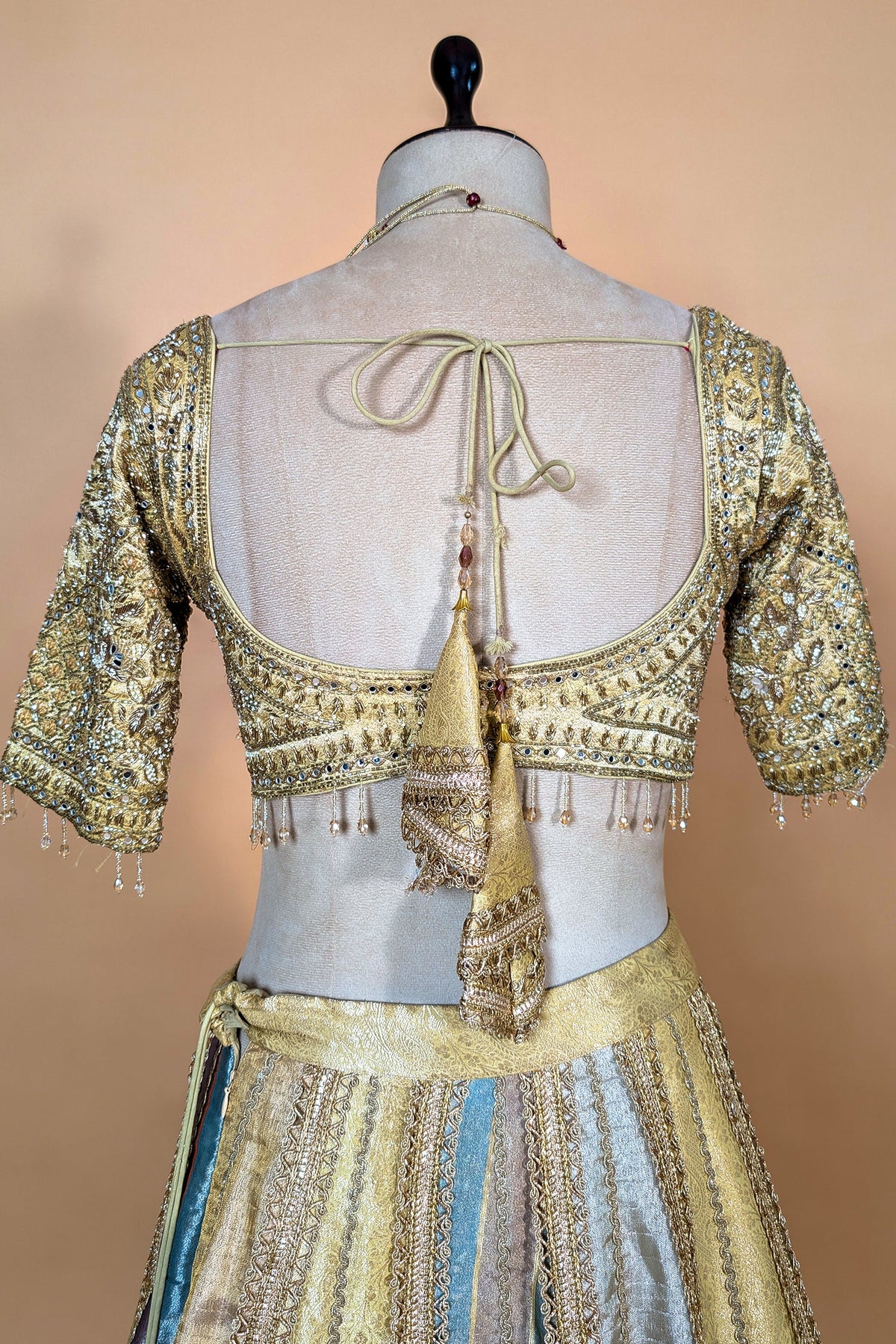 Multi Colored Kalidaar Metallic Tissue Silk Lehenga Set with Encrusted Cutdana-Mirror Work Blouse