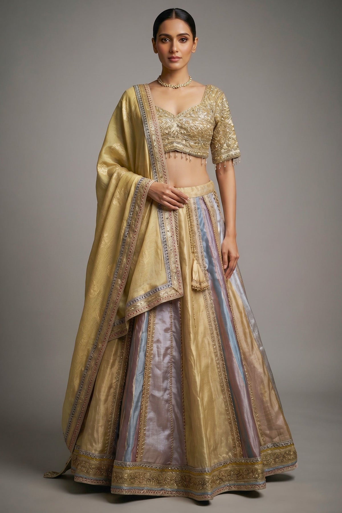 Multi Colored Kalidaar Metallic Tissue Silk Lehenga Set with Encrusted Cutdana-Mirror Work Blouse