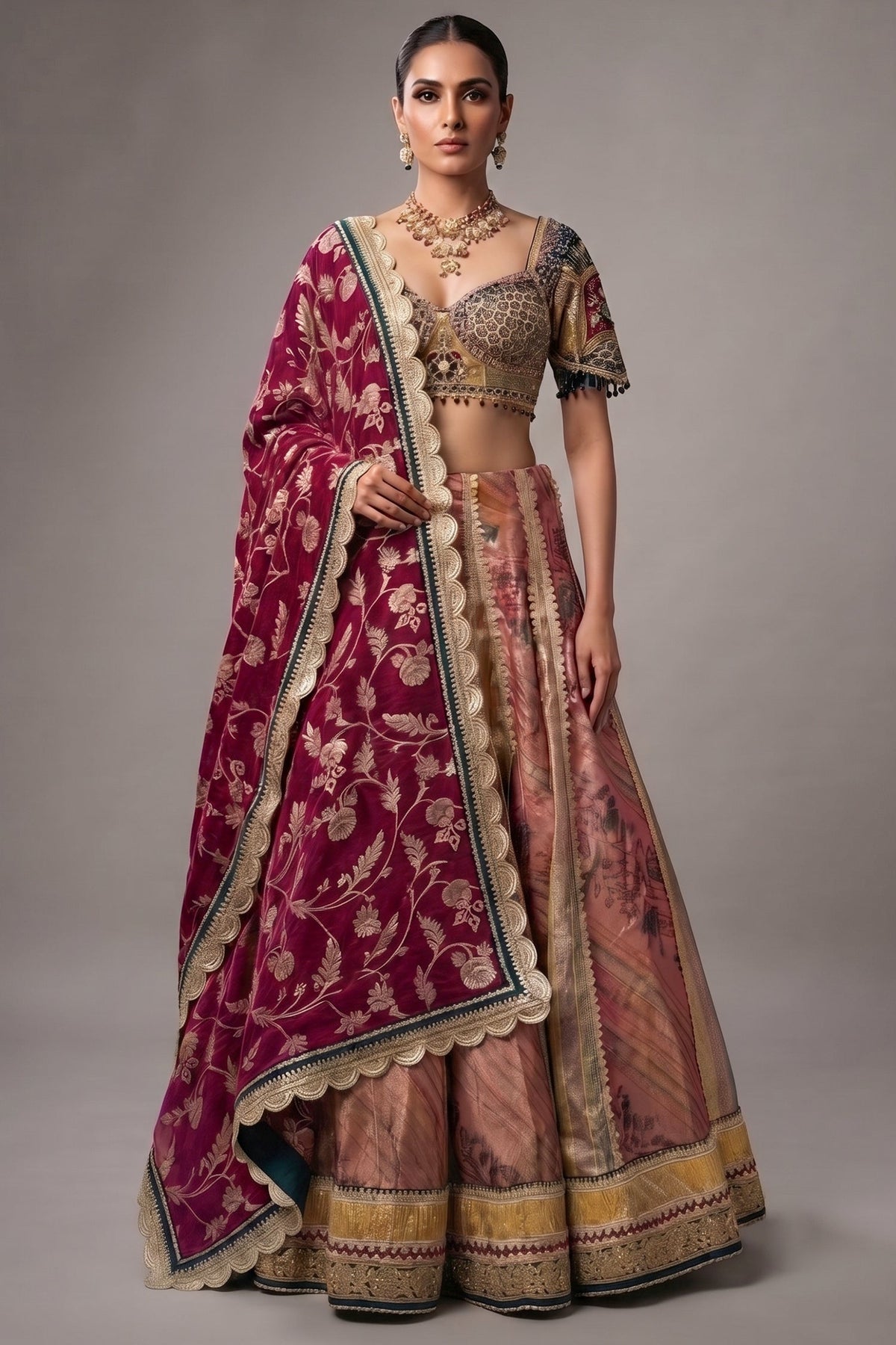 Multi-Paneled Digital Floral Tissue Lehenga with Emerald Green Sequin Bustier