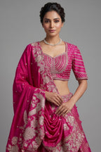 Rani Pink Banarasi Silk Woven Lehenga Set with Hand-Crafted Kundan & Zardosi Blouse