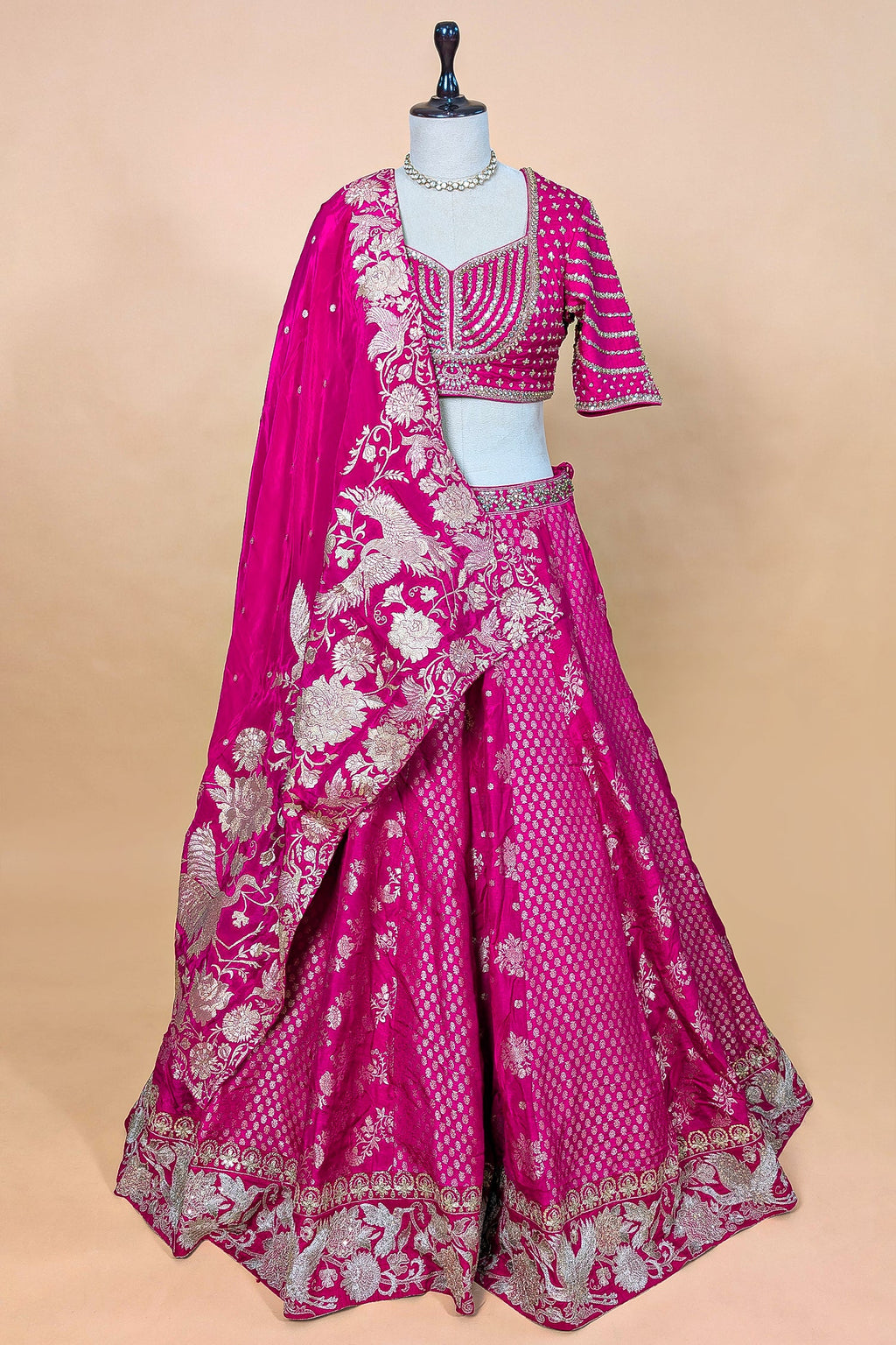 Rani Pink Banarasi Silk Woven Lehenga Set with Hand-Crafted Kundan & Zardosi Blouse