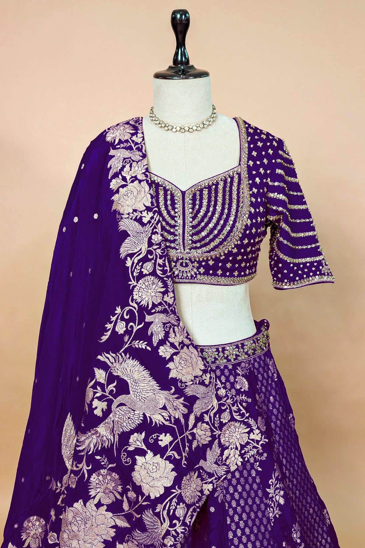 Royal Purple Banarasi Silk Woven Lehenga Set with Hand-Crafted Kundan & Zardosi Blouse