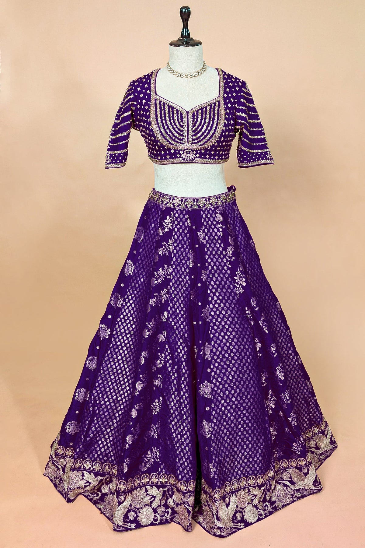 Royal Purple Banarasi Silk Woven Lehenga Set with Hand-Crafted Kundan & Zardosi Blouse