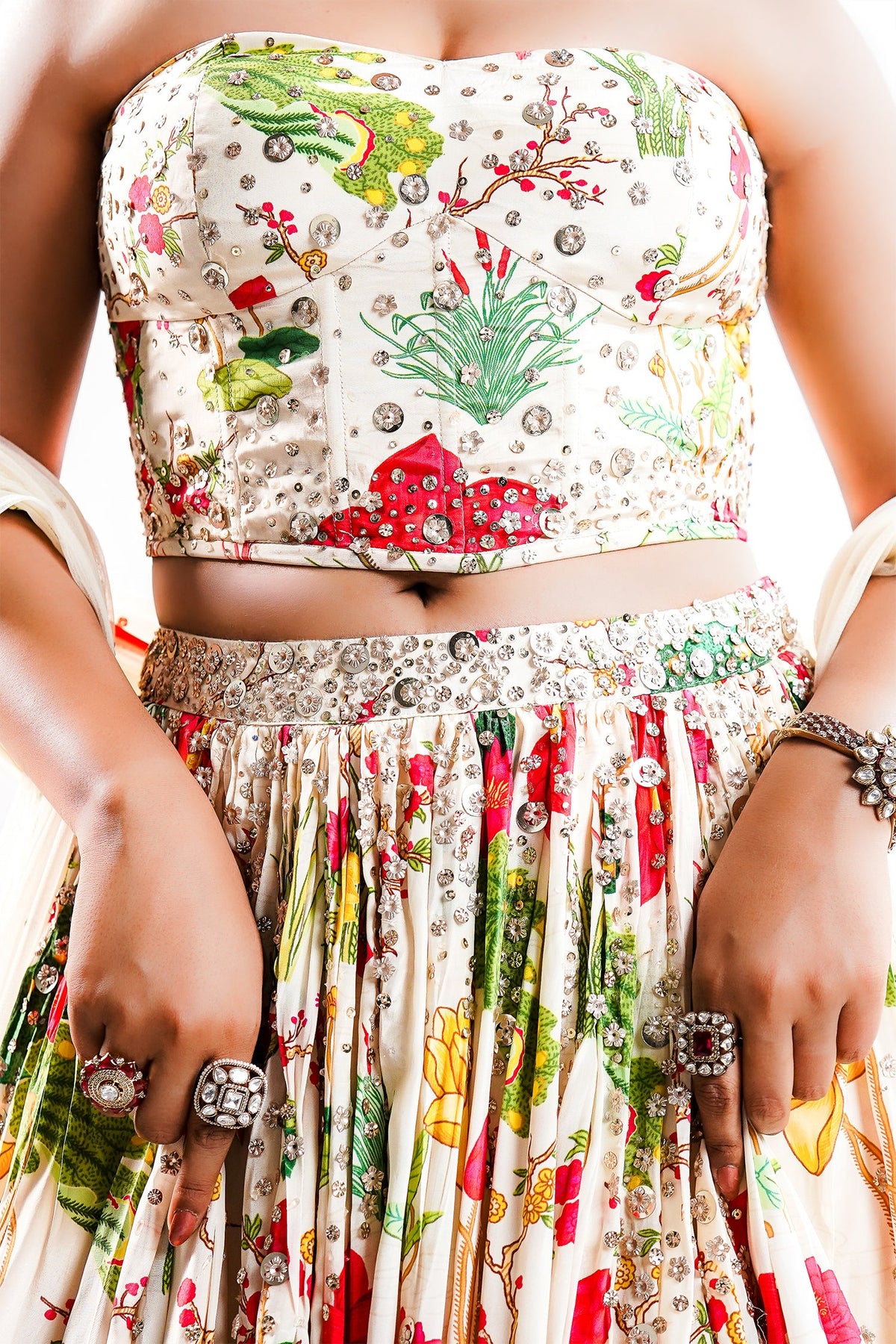 Ivory Floral Printed Crepe Lehenga with Structured Strapless Corset Bustier