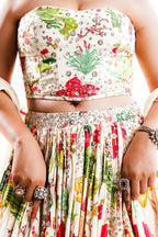 Ivory Floral Printed Crepe Lehenga with Structured Strapless Corset Bustier