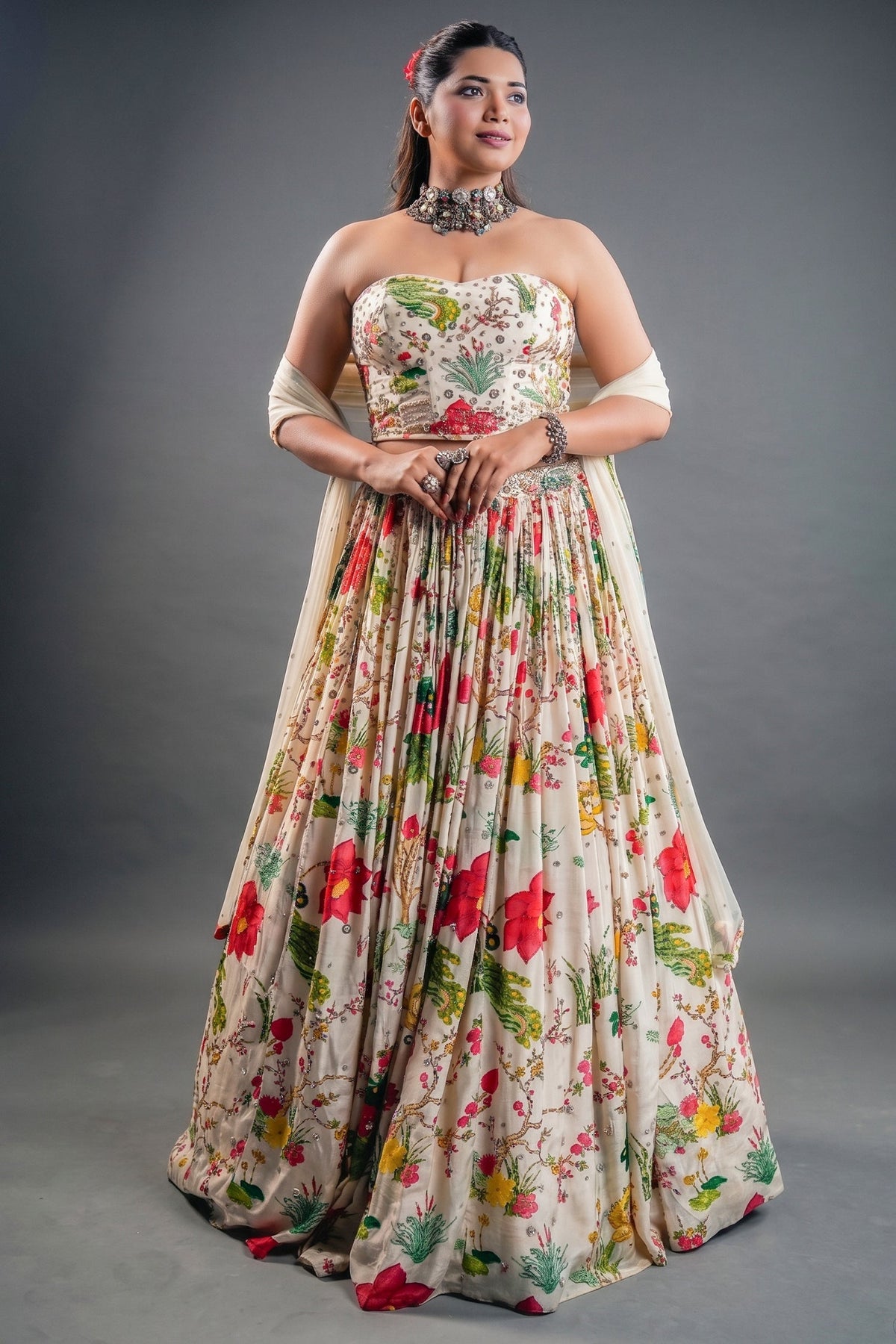 Ivory Floral Printed Crepe Lehenga with Structured Strapless Corset Bustier