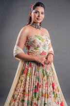 Ivory Floral Printed Crepe Lehenga with Structured Strapless Corset Bustier