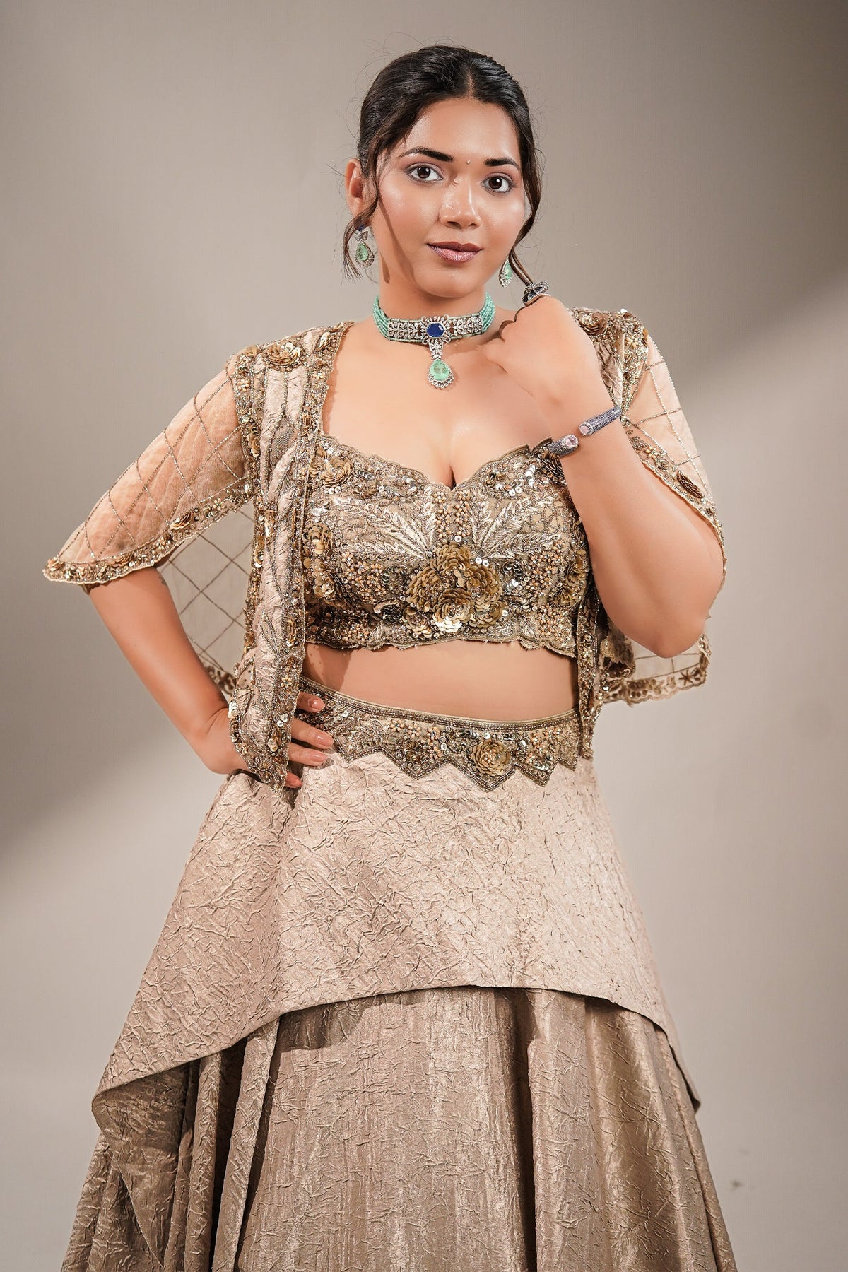 Metallic Taupe Fusion Lehenga Set featuring Cutdana Bodice and Sheer Embroidered Cape