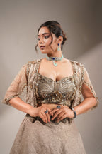 Metallic Taupe Fusion Lehenga Set featuring Cutdana Bodice and Sheer Embroidered Cape