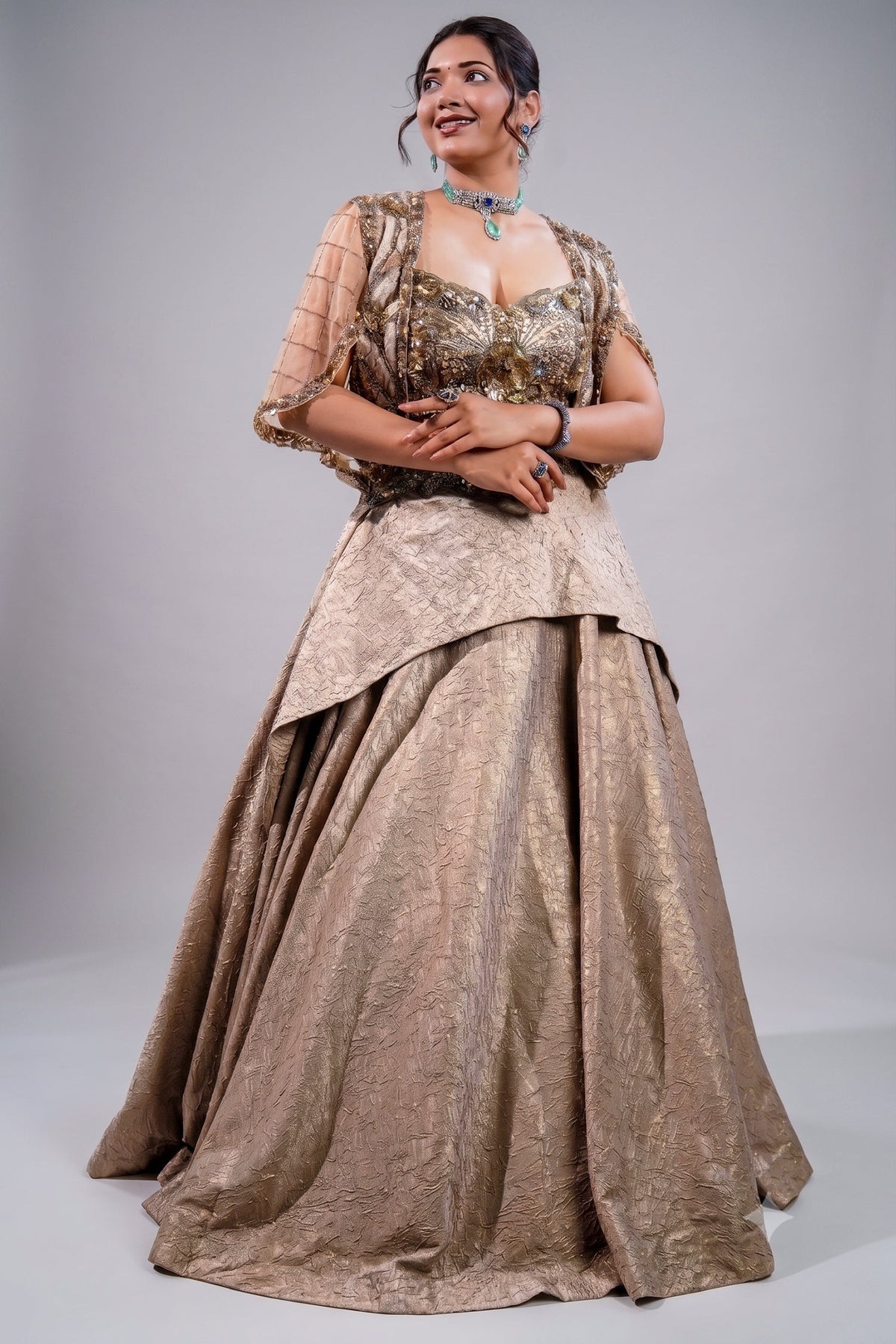 Metallic Taupe Fusion Lehenga Set featuring Cutdana Bodice and Sheer Embroidered Cape