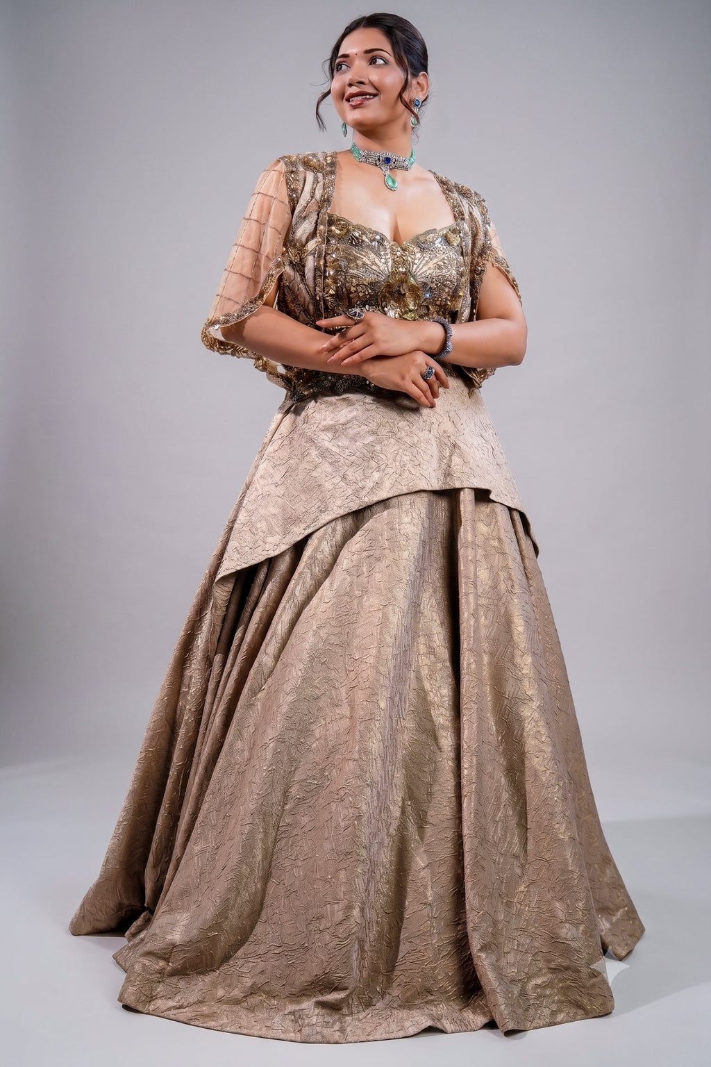 Metallic Taupe Fusion Lehenga Set featuring Cutdana Bodice and Sheer Embroidered Cape