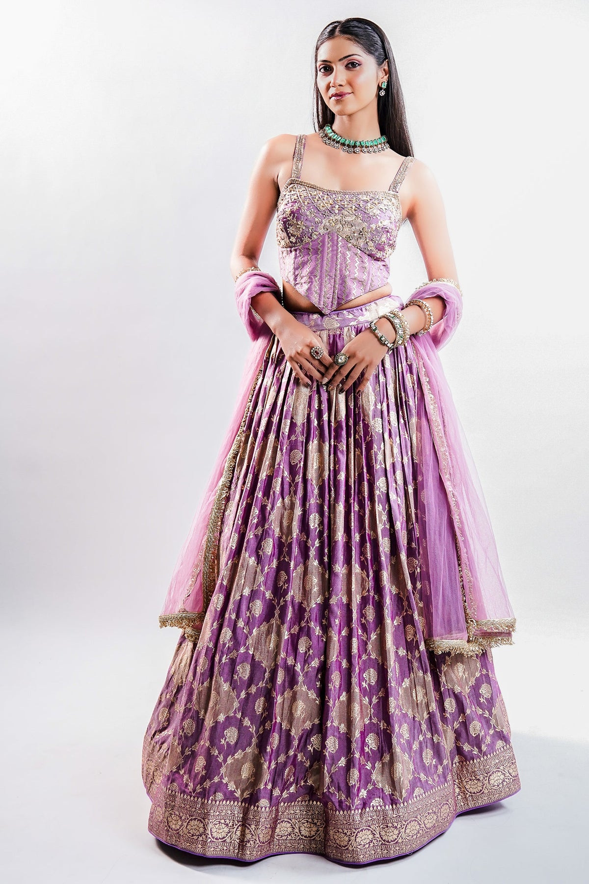 Lavender Purple Tissue Silk Lehenga featuring Cutdana Embroidered Corset Blouse