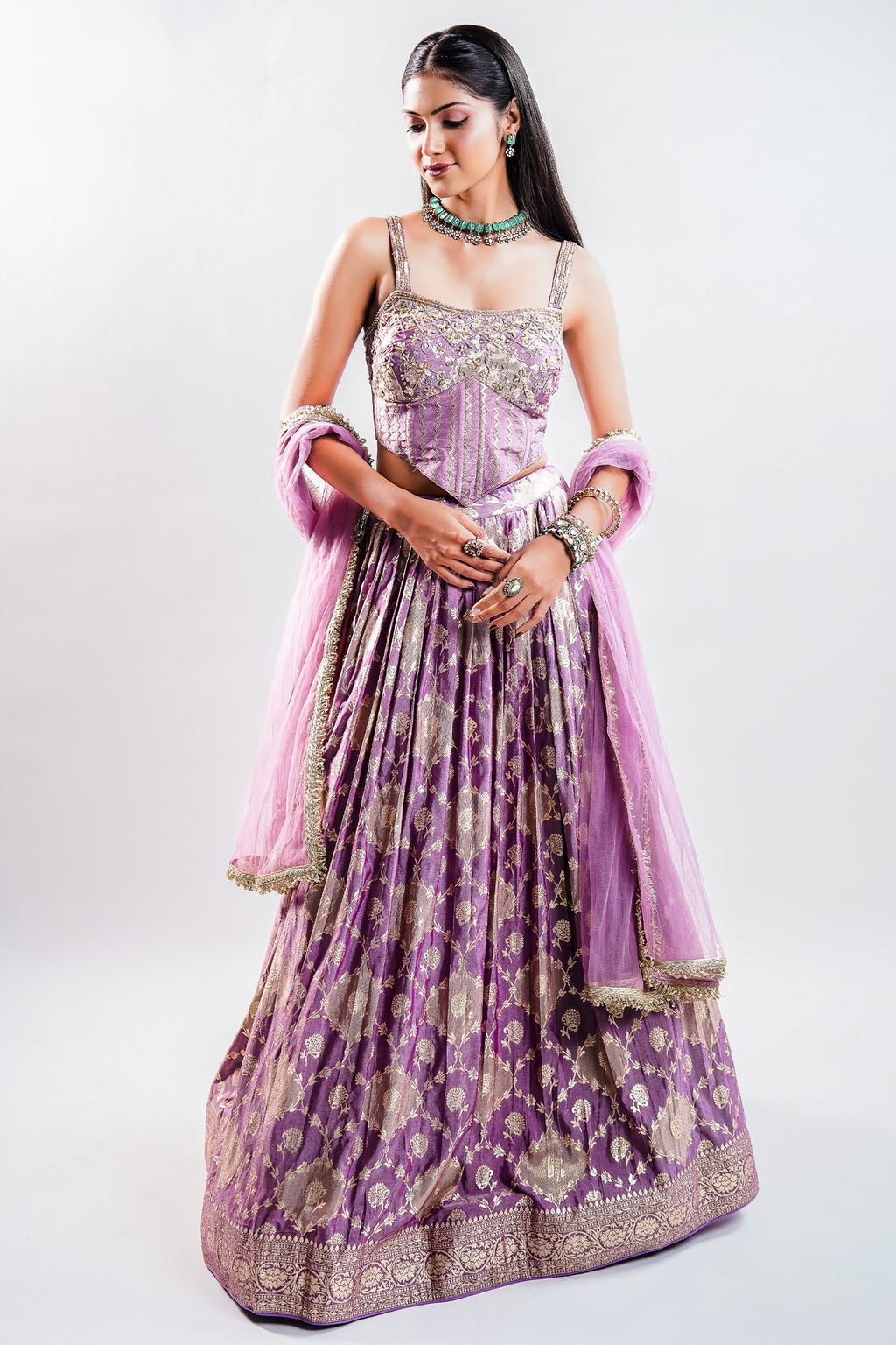 Lavender Purple Tissue Silk Lehenga featuring Cutdana Embroidered Corset Blouse