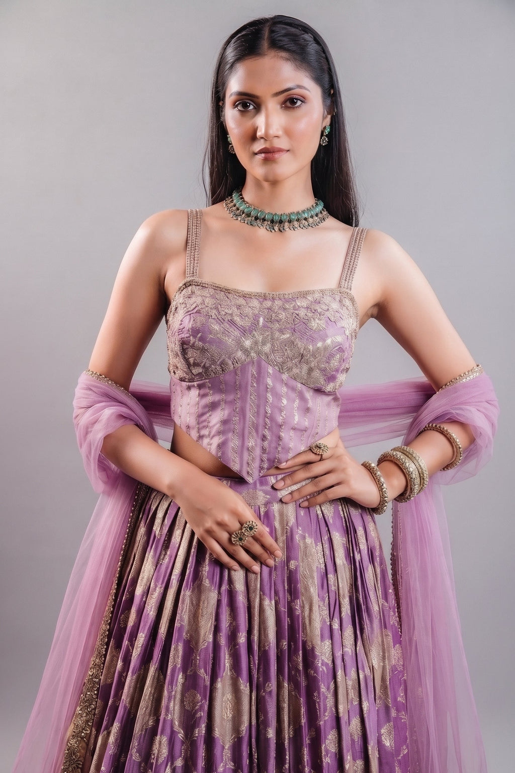 Lavender Purple Tissue Silk Lehenga featuring Cutdana Embroidered Corset Blouse
