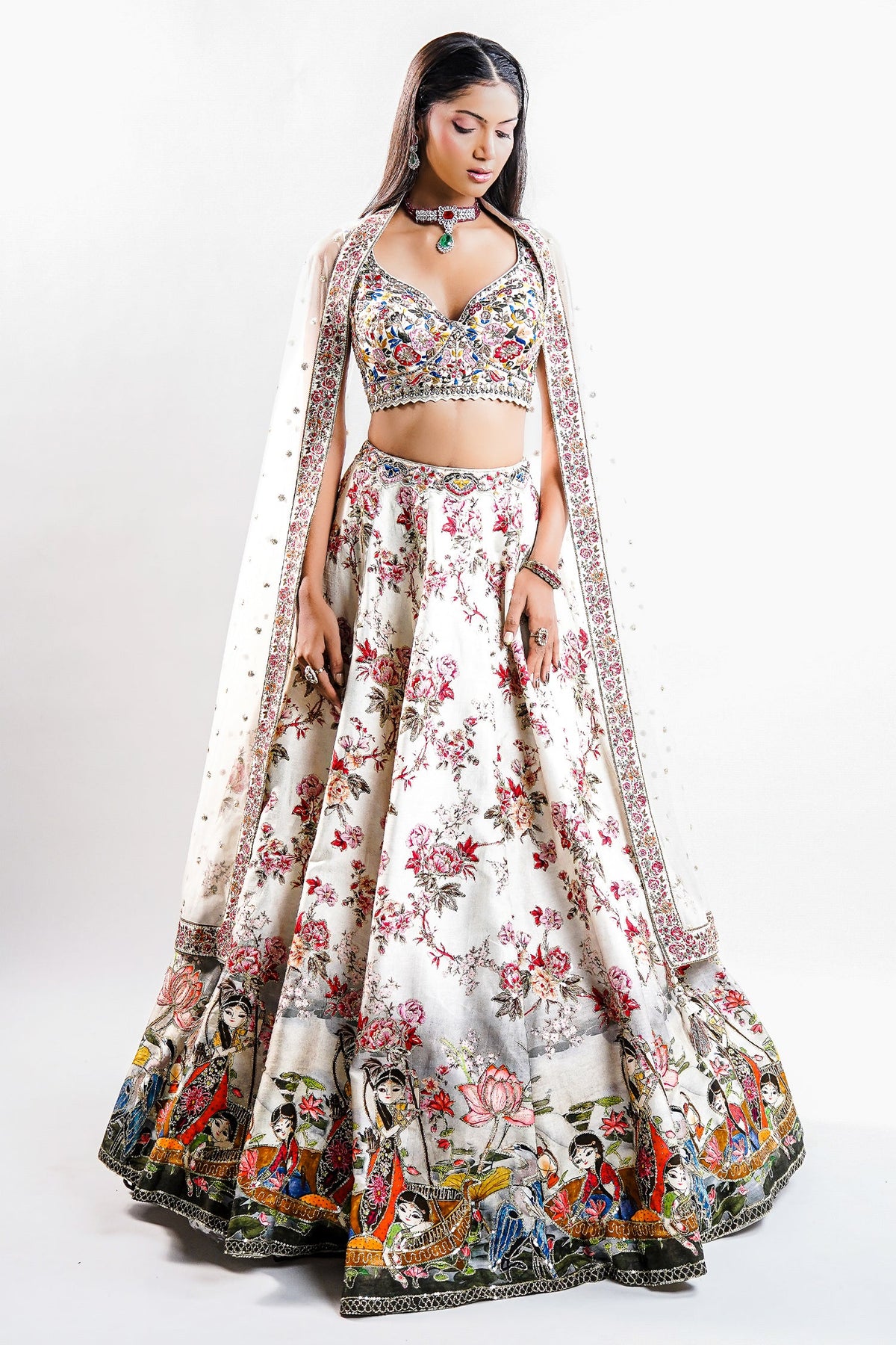 White Silk Printed Lehenga Set Featuring Miniature Painted Border