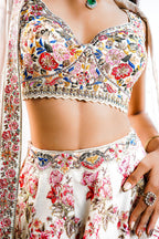 White Silk Printed Lehenga Set Featuring Miniature Painted Border
