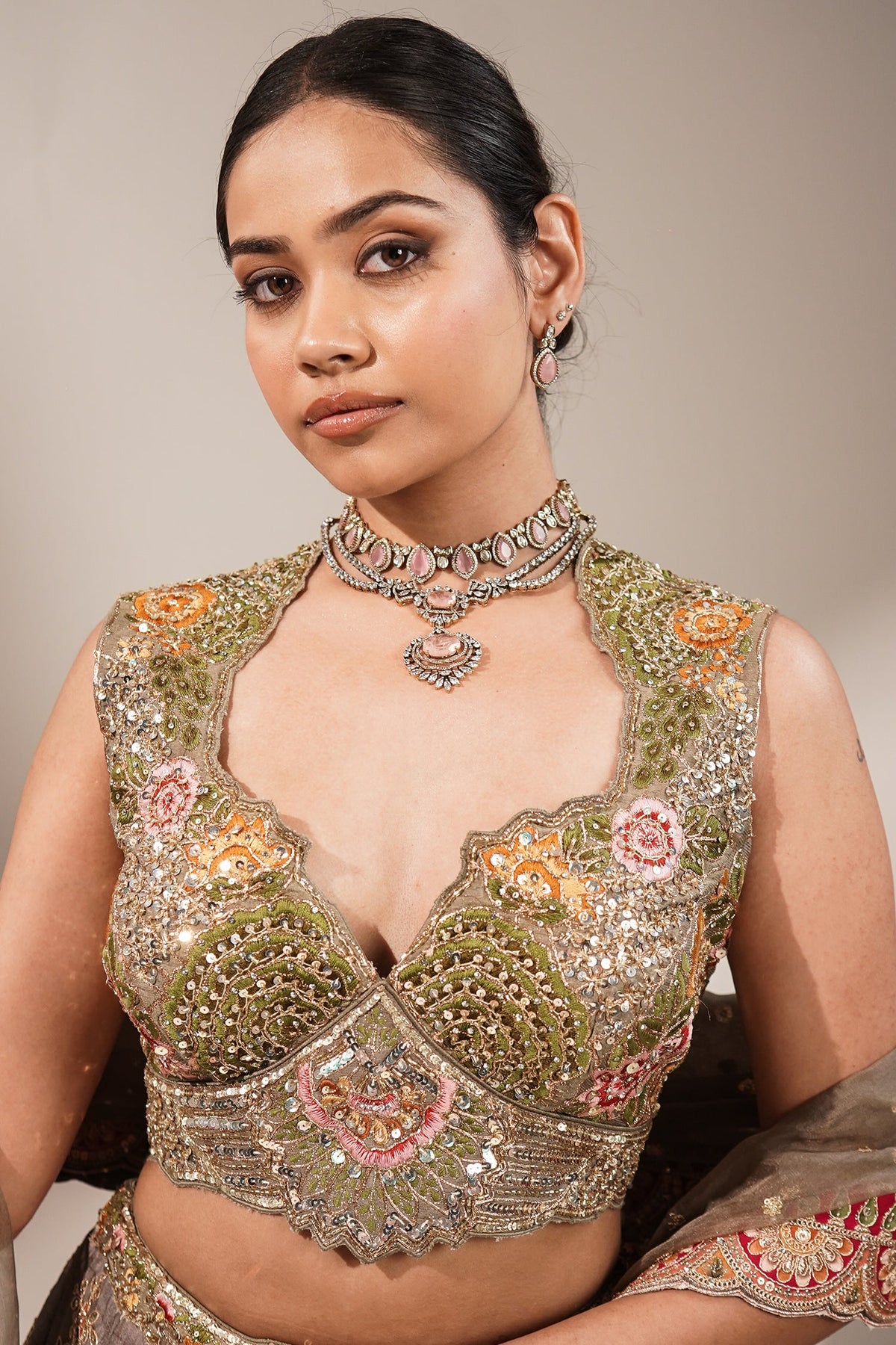 Olive Green Silk Lehenga Set featuring Cutout Halter-Neck Blouse