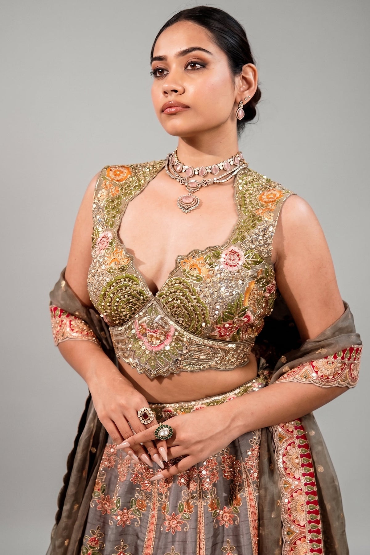 Olive Green Silk Lehenga Set featuring Cutout Halter-Neck Blouse