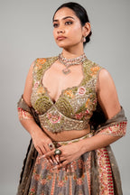 Olive Green Silk Lehenga Set featuring Cutout Halter-Neck Blouse