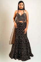Charcoal Brown Net Lehenga Set with Wave-Patterned Cutdana and Sequin Sweetheart Bustier