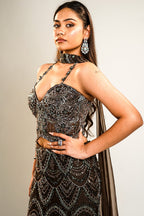 Charcoal Brown Net Lehenga Set with Wave-Patterned Cutdana and Sequin Sweetheart Bustier