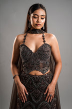 Charcoal Brown Net Lehenga Set with Wave-Patterned Cutdana and Sequin Sweetheart Bustier