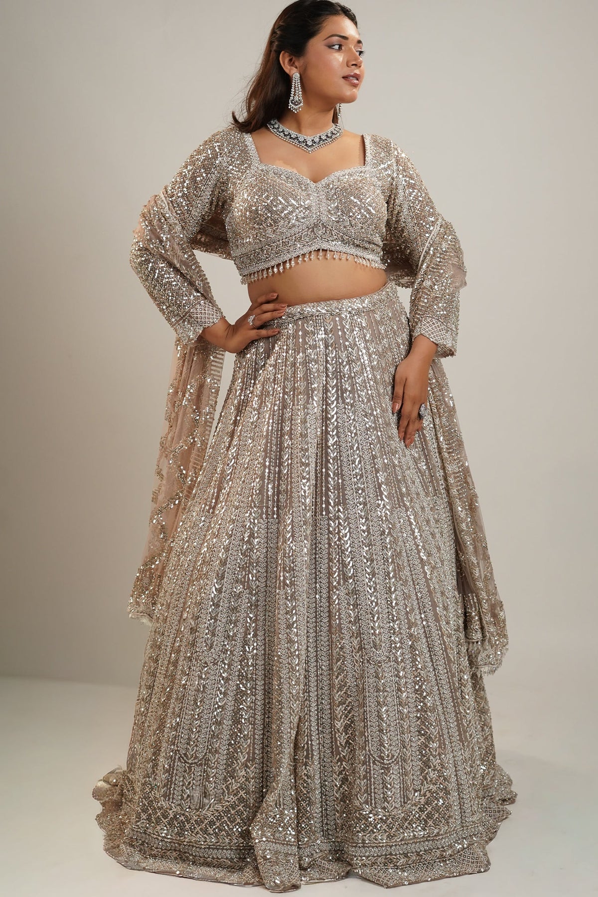 Champagne Gold Net Bridal Lehenga with Heavy Linear Sequin and Bead Embroidery