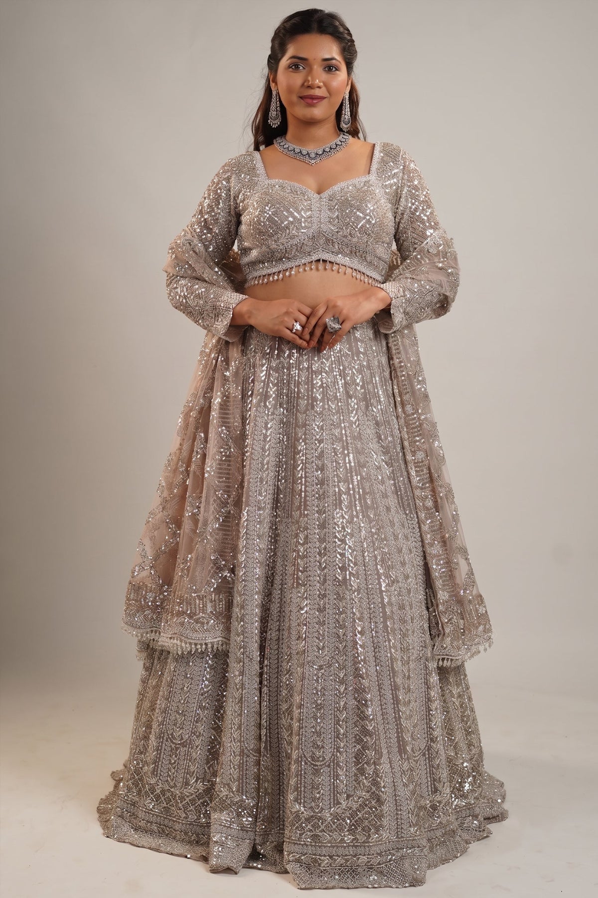 Champagne Gold Net Bridal Lehenga with Heavy Linear Sequin and Bead Embroidery