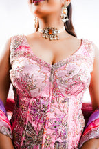 Rose Pink Printed Organza Lehenga featuring Cutdana and Pearl-Embellished Bustier