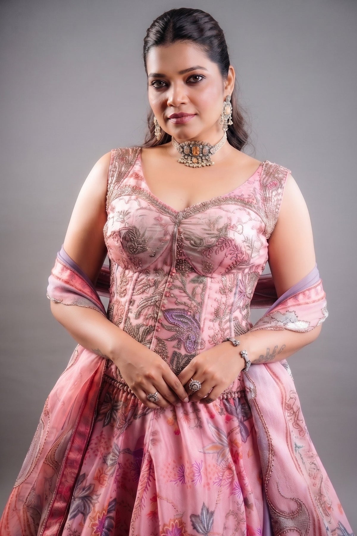 Rose Pink Printed Organza Lehenga featuring Cutdana and Pearl-Embellished Bustier