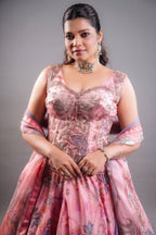 Rose Pink Printed Organza Lehenga featuring Cutdana and Pearl-Embellished Bustier